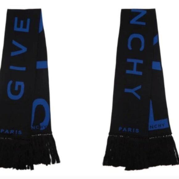 Givenchy Logo Fringe Trim Cotton Football Scarf black with blue lettering - Picture 1 of 9